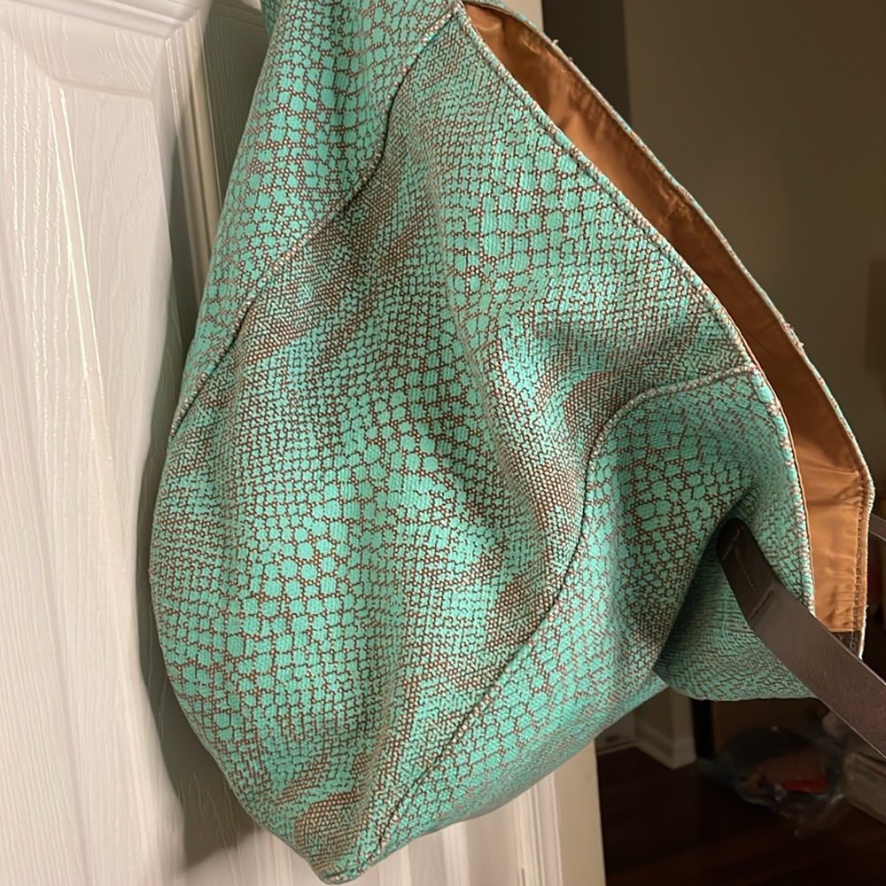 Aqua Snake print Gray Canvas Brown Leather Handles Tote Bag - Picture 3 of 3